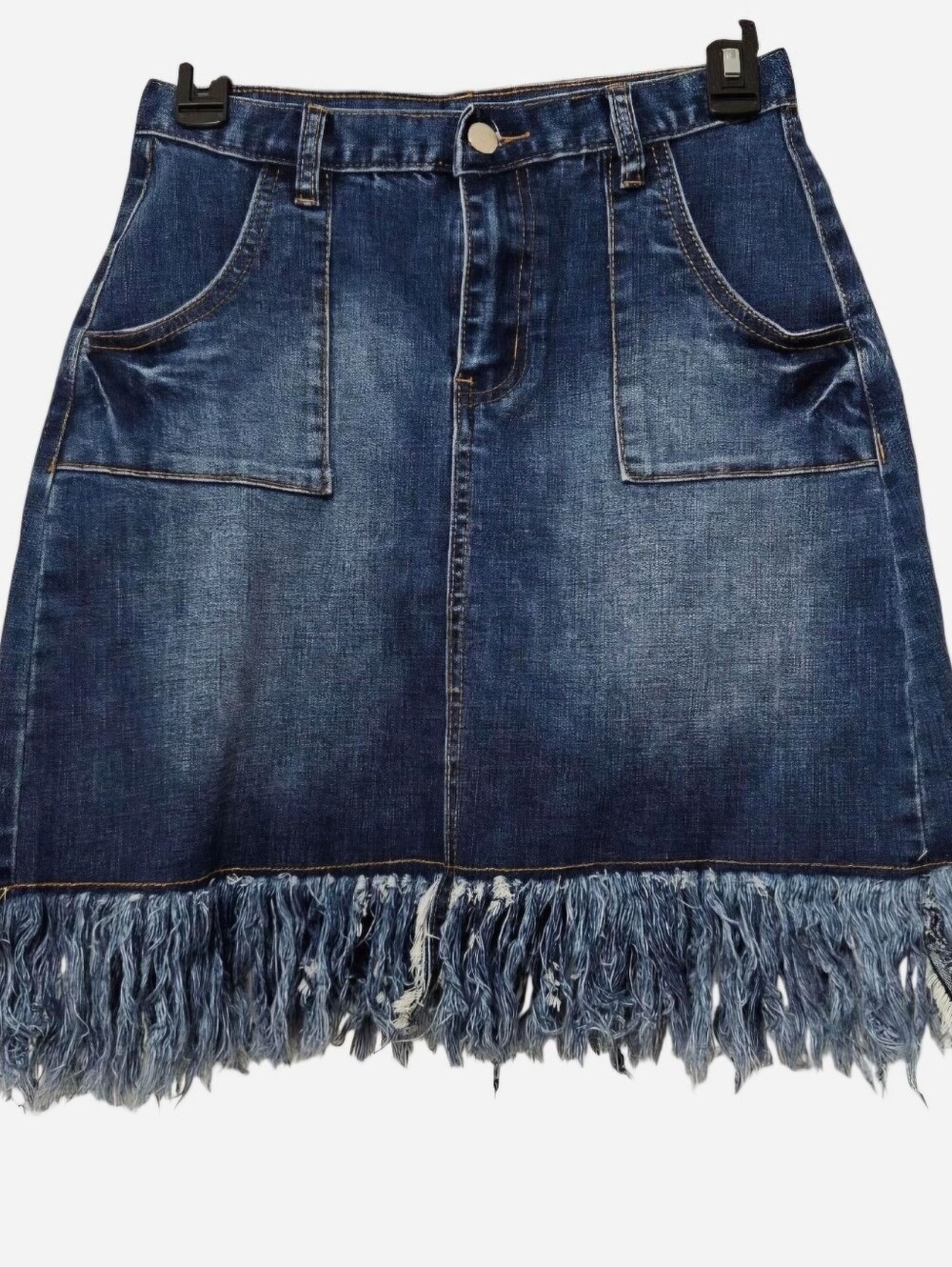 Hayden Indigo Denim Mini Skirt with Fringed Hem
